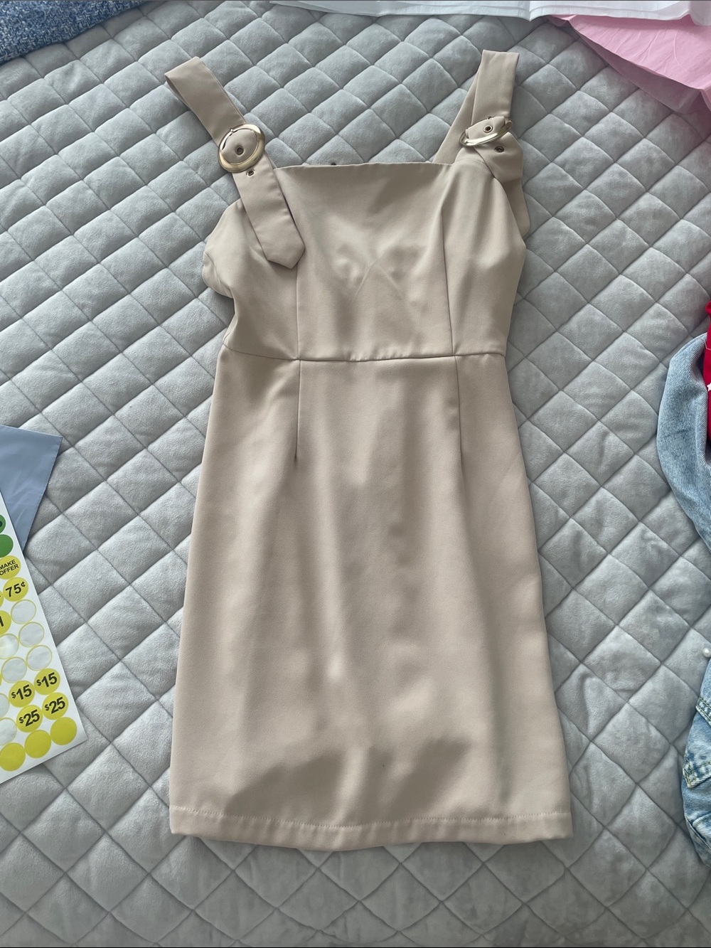 superdown Beige Buckle Strap Mini Dress